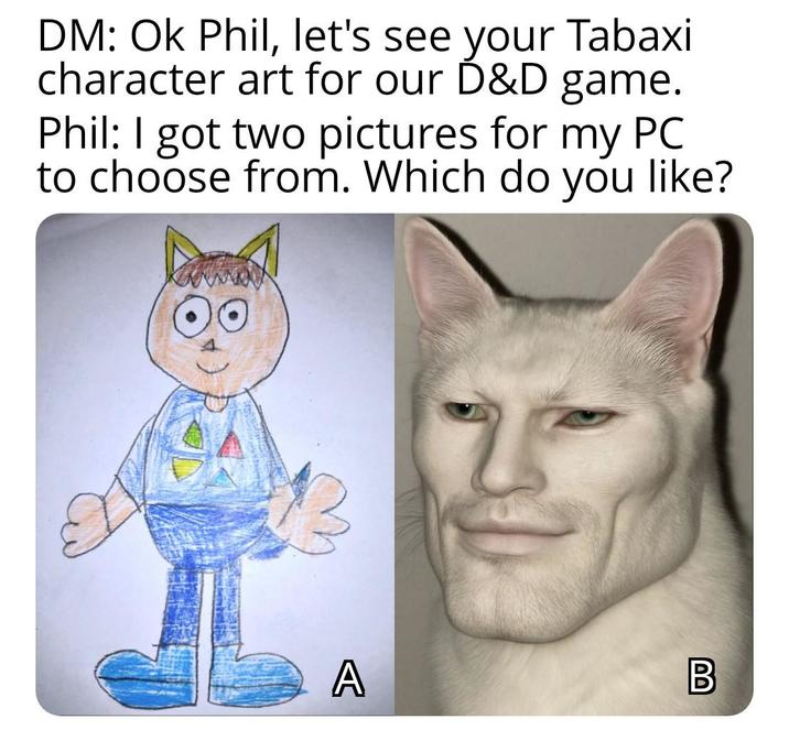 DM: Ok Phil, let's see your Tabaxi character art for our D&D game. Phil: I got two pictures for my PC to choose from. Which do you like? A DD B