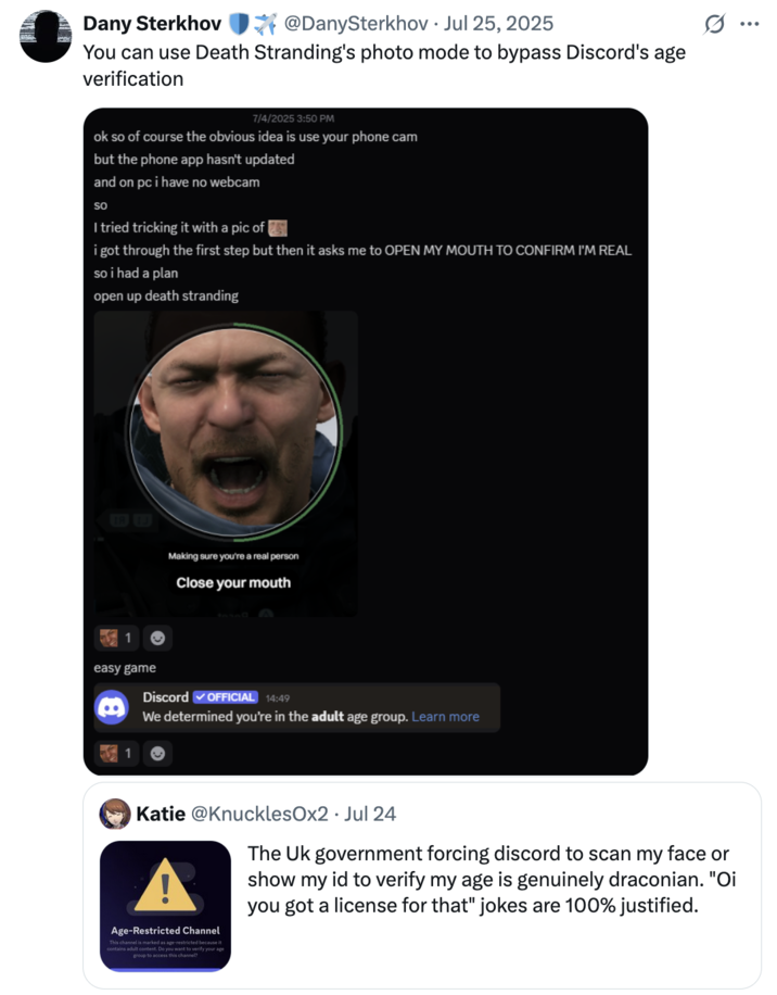 July 25th, 2025 tweet by @DanySterkhov X user @DanySterkhov quoted a post about Discord implementing age verification software by sharing a screenshot of a user using the "photo mode" in _Death Stranding_, gathering over 30,000 likes in a day.