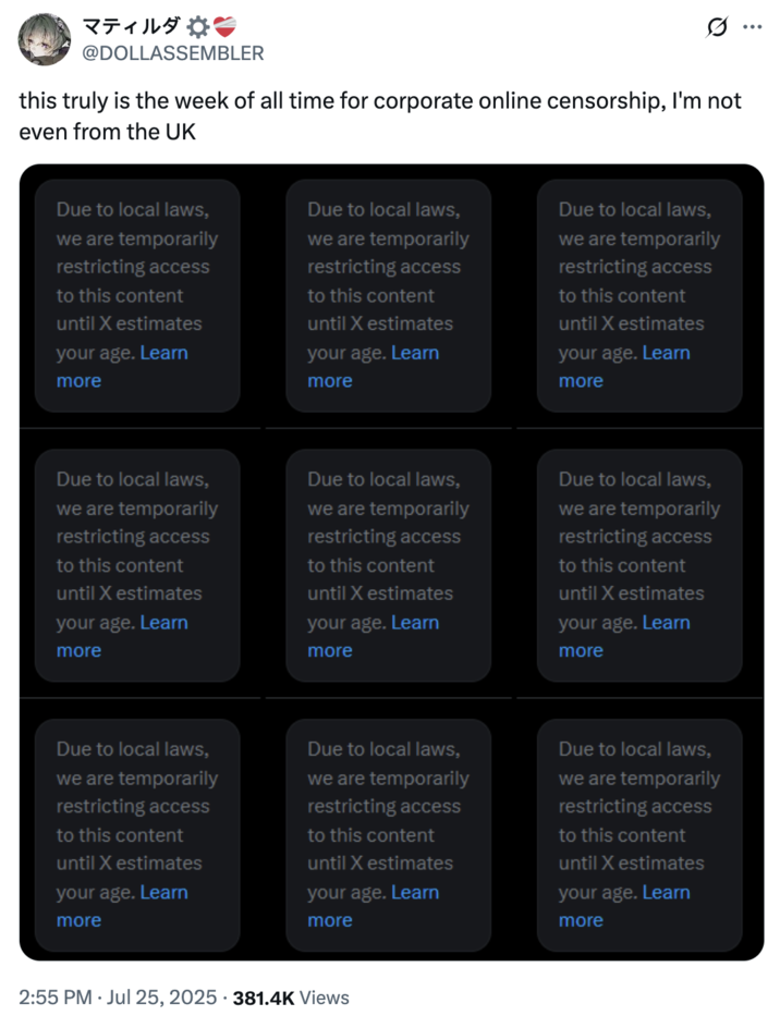 X user @DOLLASSEMBLER posted a screenshot of their Twitter account restricting content until the platform estimates their age, gathering over 13,000 likes in a day.