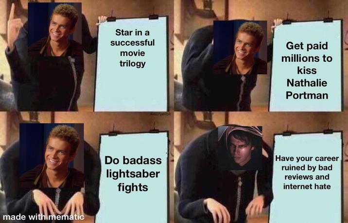made with mematic Star in a successful movie trilogy Get paid millions to kiss Nathalie Portman Do badass lightsaber fights Have your career ruined by bad reviews and internet hate