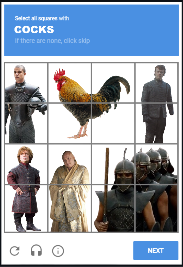 Select all squares with COCKS If there are none, click skip C ດ i NEXT