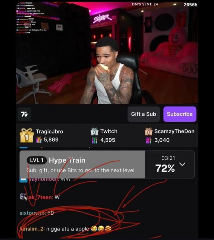NAITS HAD FUN Share DM'S SENT: 24 15 26568 70 TragicJbro Gift a Sub Subscribe 2 Twitch 3ScamzyTheDon 5,869 4,595 3,040 LVL 1 Hype Train Sub, gift, or use Bits to act to the next level Saynomoen. wvv 03:21 72% ak 7teen: W sixtouwrx: 69 Junslim_2: n---- ate a apple