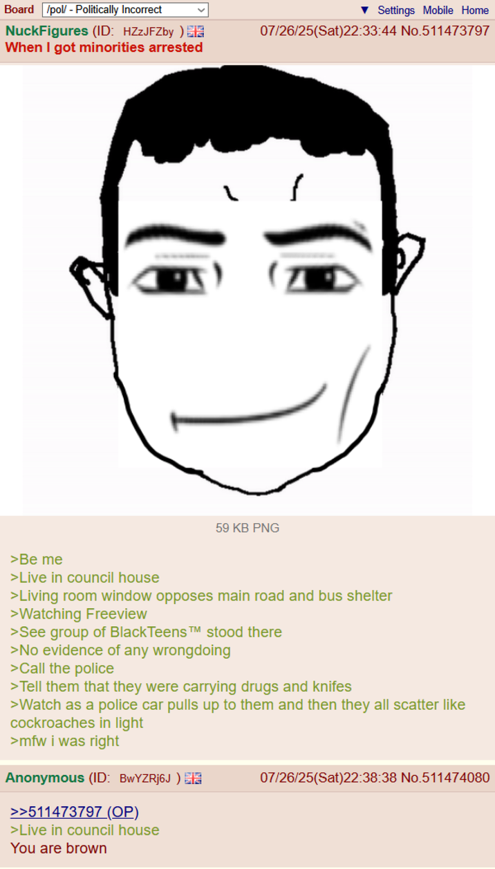 Board /pol/ - Politically Incorrect NuckFigures (ID: HZzJFZby) When I got minorities arrested Settings Mobile Home 07/26/25(Sat)22:33:44 No.511473797 59 KB PNG i >Be me >Live in council house >Living room window opposes main road and bus shelter >Watching Freeview >See group of Black Teens TM stood there >No evidence of any wrongdoing >Call the police >Tell them that they were carrying drugs and knifes >Watch as a police car pulls up to them and then they all scatter like cockroaches in light >mfw i was right Anonymous (ID: BwYZRj6J) >>511473797 (OP) >Live in council house You are brown 07/26/25(Sat)22:38:38 No.511474080