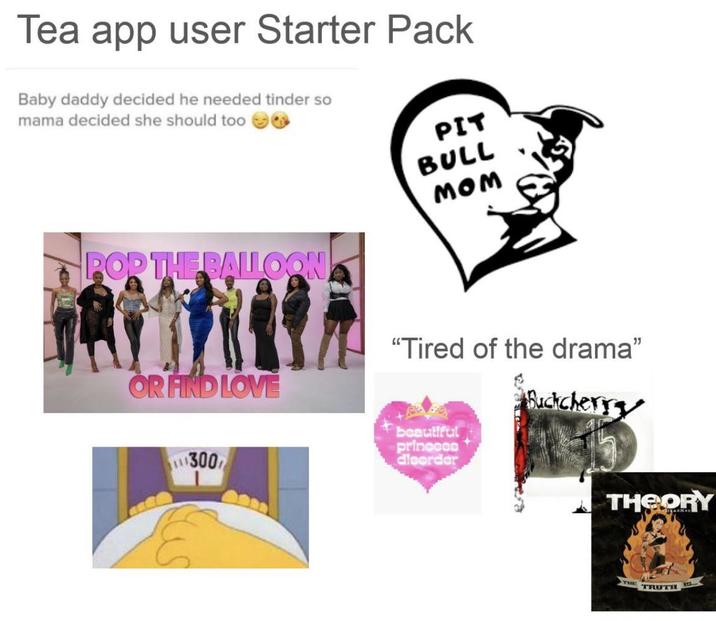 Tea app user Starter Pack Baby daddy decided he needed tinder so mama decided she should too PIT BULL MOM POP THE BALLOON OR FIND LOVE 300 "Tired of the drama" beautiful princess dleorder Buckcherry THEORY THE TRUTH