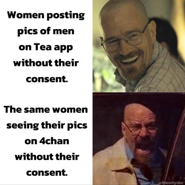 Women posting pics of men on Tea app without their consent. The same women seeing their pics on 4chan without their consent. @theonlydsc