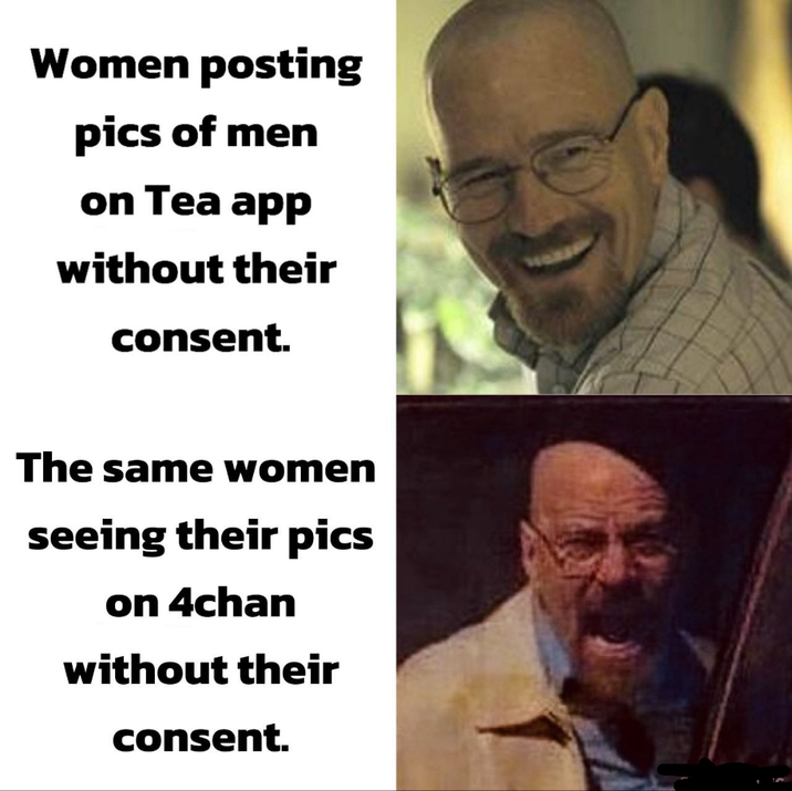 Women posting pics of men on Tea app without their consent. The same women seeing their pics on 4chan without their consent.