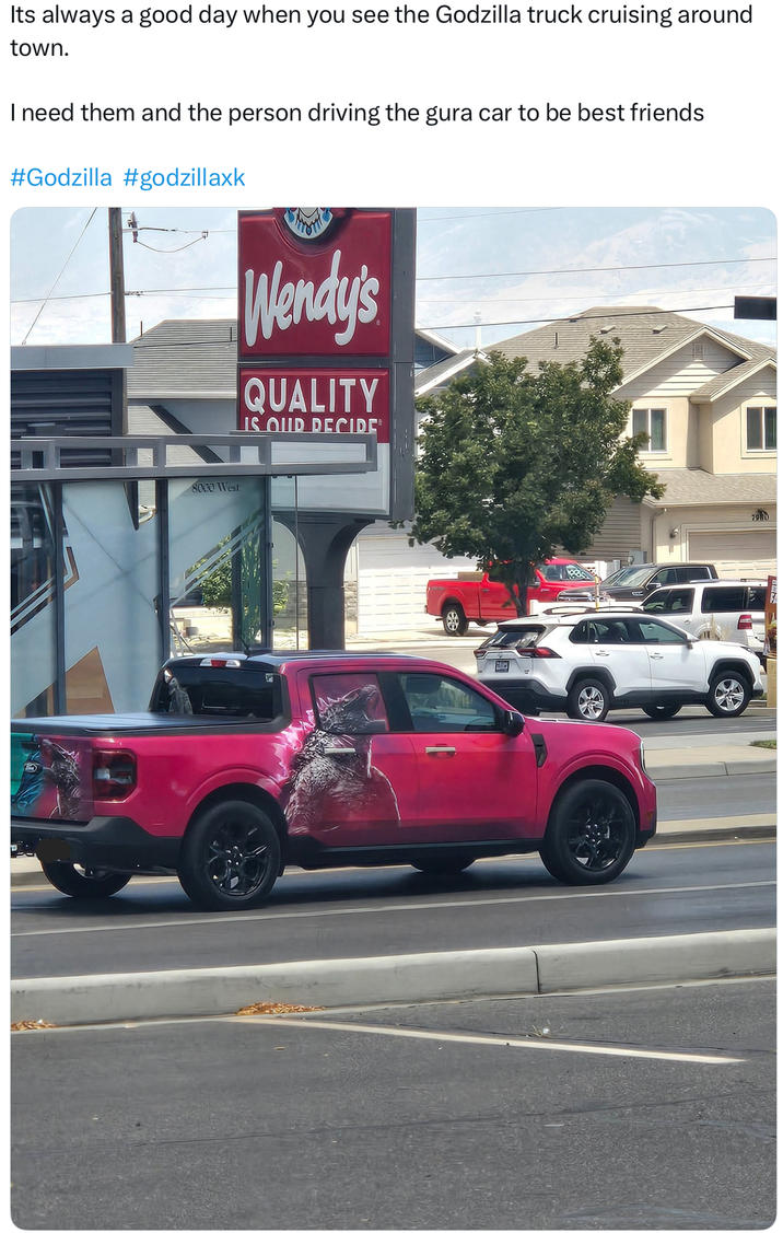 Its always a good day when you see the Godzilla truck cruising around town. I need them and the person driving the gura car to be best friends #Godzilla #godzillaxk Wendy's QUALITY IS OUR RECIPE 8000 West 7980