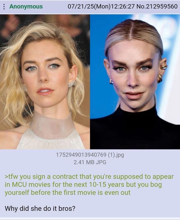 Anonymous 07/21/25(Mon)12:26:27 No.212959560 1752949013940769 (1).jpg 2.41 MB JPG >tfw you sign a contract that you're supposed to appear in MCU movies for the next 10-15 years but you bog yourself before the first movie is even out Why did she do it bros?