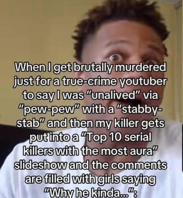 When I get brutally murdered just for a true-crime youtuber to say I was "unalived" via "pew-pew" with a "stabby- stab" and then my killer gets put into a "Top 10 serial killers with the most aura" slideshow and the comments are filled with girls saying "Why he kinda..."