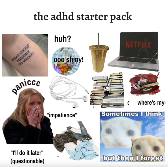 the adhd starter pack huh? 000 shiny! NETFLIX WHAT COULD POSSIBLY GO WRONG panicce "I'll do it later" (questionable) *impatience* S where's my- Sometimes I think but then I forget