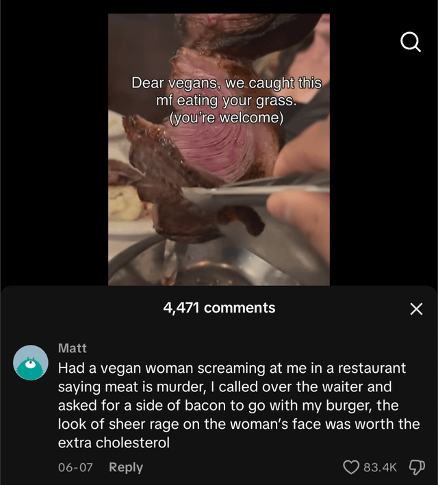 Matt Dear vegans, we caught this mf eating your grass. (you're welcome) Q 4,471 comments ☑ Had a vegan woman screaming at me in a restaurant saying meat is murder, I called over the waiter and asked for a side of bacon to go with my burger, the look of sheer rage on the woman's face was worth the extra cholesterol 06-07 Reply 83.4K