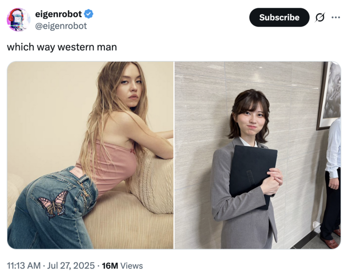 July 27th, 2025 tweet by @eigenrobot X user @eigenrobot posted an image of "Sydney Sweeney":https://knowyourmeme.com/memes/people/sydney-sweeney alongside Saori Araki, writing, "Which Way Western Man":https://knowyourmeme.com/memes/which-way-western-man. The post gathered over 50,000 likes in a day.