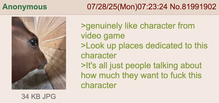 Anonymous 34 KB JPG 07/28/25(Mon)07:23:24 No.81991902 >genuinely like character from video game >Look up places dedicated to this character >It's all just people talking about how much they want to f--- this character