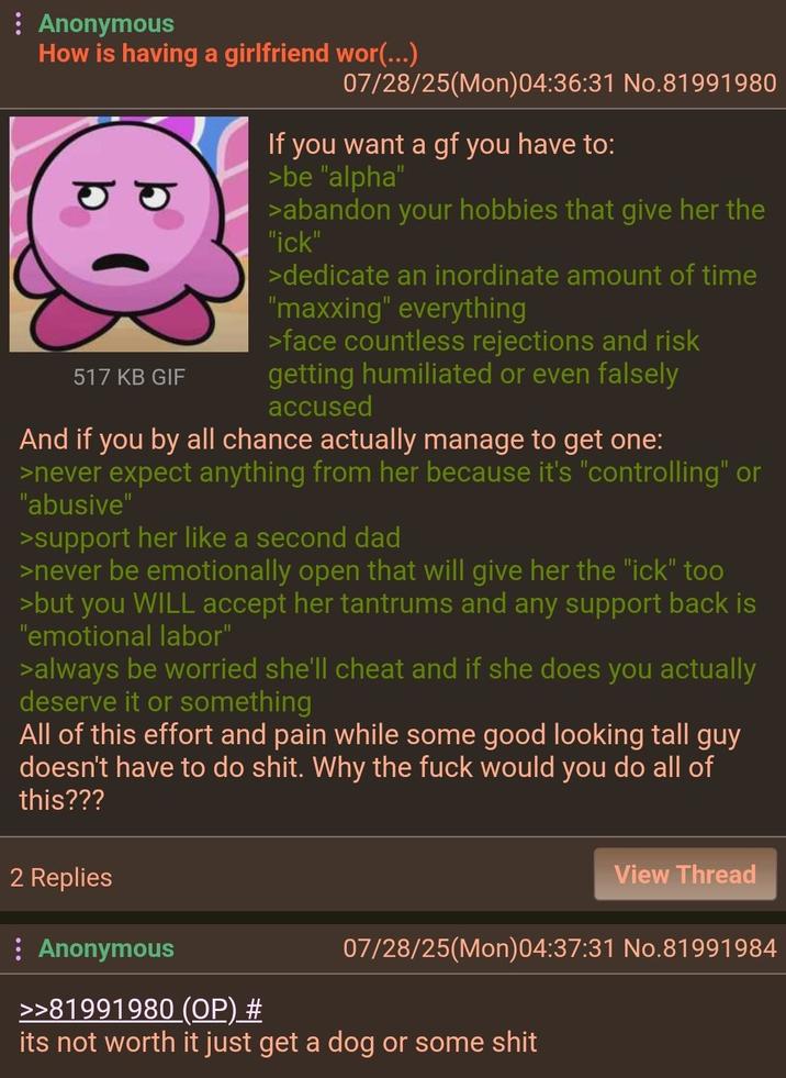 : Anonymous How is having a girlfriend wor(...) 517 KB GIF 07/28/25(Mon)04:36:31 No.81991980 If you want a gf you have to: >be "alpha" >abandon your hobbies that give her the "ick" >dedicate an inordinate amount of time "maxxing" everything >face countless rejections and risk getting humiliated or even falsely accused And if you by all chance actually manage to get one: >never expect anything from her because it's "controlling" or "abusive" >support her like a second dad >never be emotionally open that will give her the "ick" too >but you WILL accept her tantrums and any support back is "emotional labor" >always be worried she'll cheat and if she does you actually deserve it or something All of this effort and pain while some good looking tall guy doesn't have to do s---. Why the f--- would you do all of this??? 2 Replies Anonymous >>81991980 (OP) # View Thread 07/28/25(Mon)04:37:31 No.81991984 its not worth it just get a dog or some s---