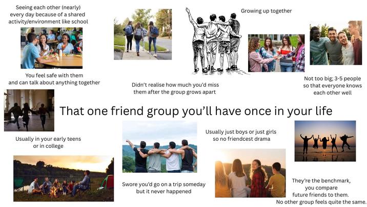 Seeing each other (nearly) every day because of a shared activity/environment like school Growing up together You feel safe with them and can talk about anything together Didn't realise how much you'd miss them after the group grows apart Not too big; 3-5 people so that everyone knows each other well That one friend group you'll have once in your life Usually in your early teens or in college Usually just boys or just girls so no friendcest drama Swore you'd go on a trip someday but it never happened They're the benchmark, you compare future friends to them. No other group feels quite the same.