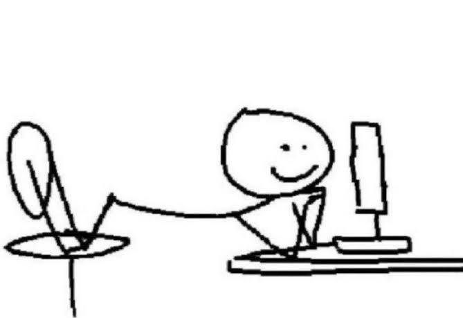 Stick Figure Kicking Feet In Air on Computer (Share Lore Stick Figure) An image of a stick figure leaning over a computer with their legs in air and knees on a chair. The image is often used in the "share a piece of lore" meme.