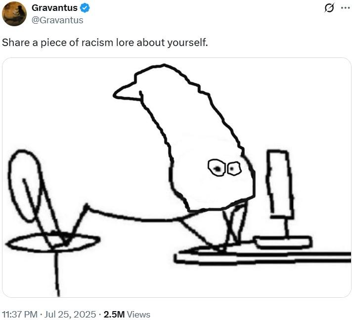 Share a piece of racism lore about yourself. A tweet reading, "Share a piece of racism lore about yourself."