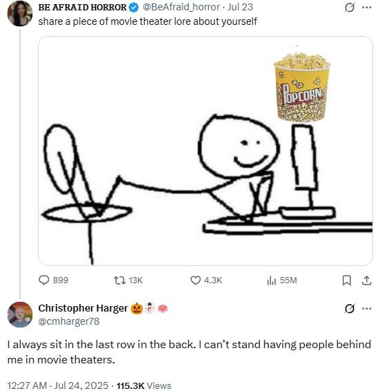 share a piece of movie theater lore about yourself A tweet reading, "share a piece of movie theater lore about yourself."