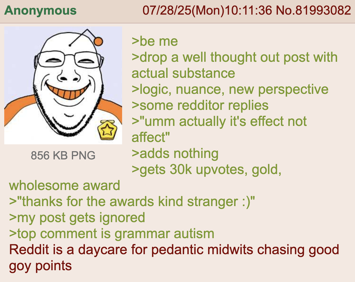 Anonymous 856 KB PNG 07/28/25(Mon)10:11:36 No.81993082 >be me >drop a well thought out post with actual substance >logic, nuance, new perspective >some redditor replies >"umm actually it's effect not affect" >adds nothing >gets 30k upvotes, gold, wholesome award >"thanks for the awards kind stranger :)" >my post gets ignored >top comment is grammar autism Reddit is a daycare for pedantic midwits chasing good goy points