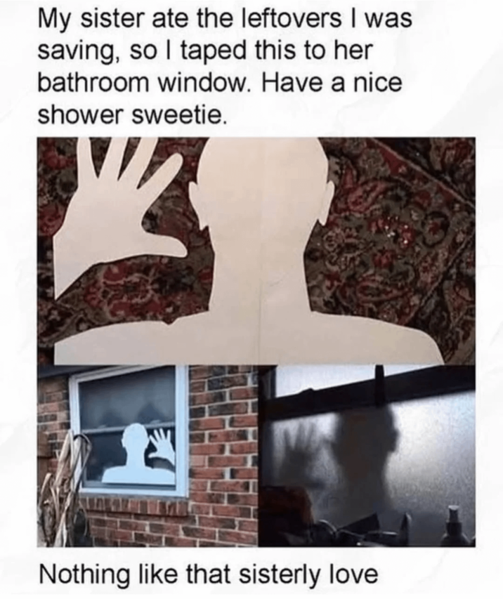 My sister ate the leftovers I was saving, so I taped this to her bathroom window. Have a nice shower sweetie. Nothing like that sisterly love