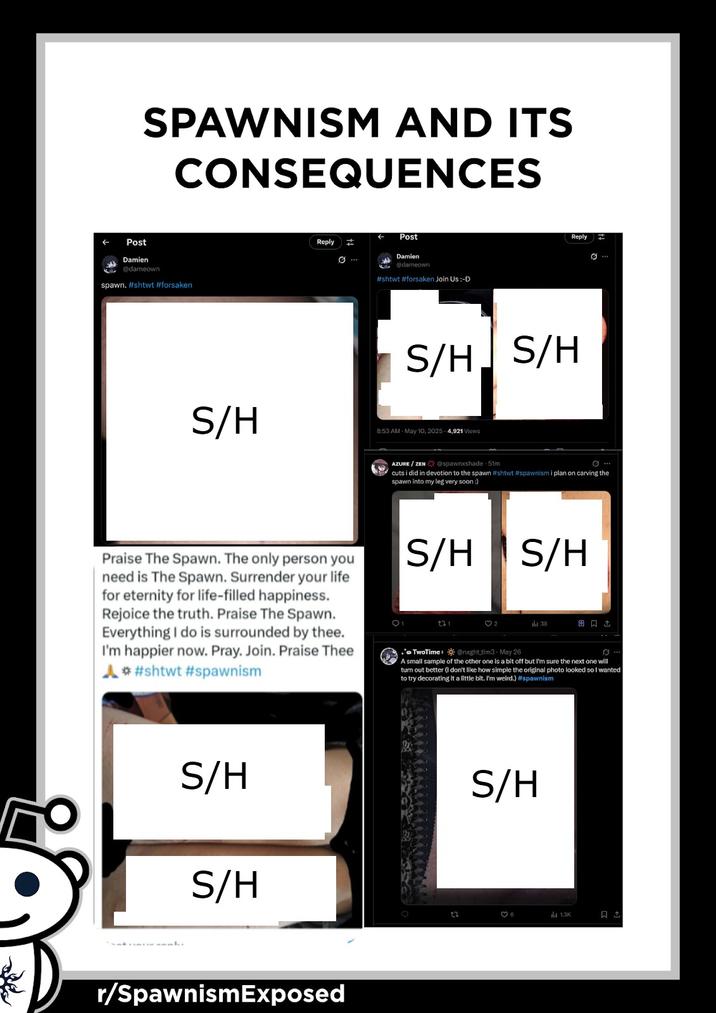 Spawnism And Its Consequences A censored graphic relating to the Roblox cult Spawnism. The graphic collects images of people who have s/h because of the cult.