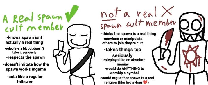 differentiate between people who are part of the spawn cult Discussion A meme looking to differentiate between people who are part of the spawn cult. It shows roleplayers vs people who take the cult seriously.