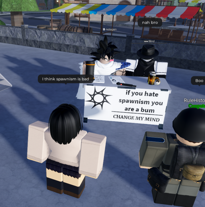 Spawnism shoudn't exist An image of a Roblox player hyping up spawnism. The poster captioned the post, "spawnism shouldn't exist."