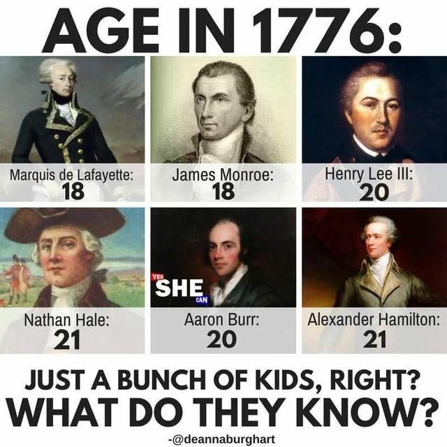 AGE IN 1776: Marquis de Lafayette: James Monroe: 18 Nathan Hale: 21 YES SHE 18 Henry Lee III: 20 CAN Aaron Burr: 20 Alexander Hamilton: 21 JUST A BUNCH OF KIDS, RIGHT? WHAT DO THEY KNOW? -@deannaburghart
