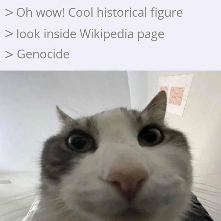 > Oh wow! Cool historical figure > look inside Wikipedia page > Genocide
