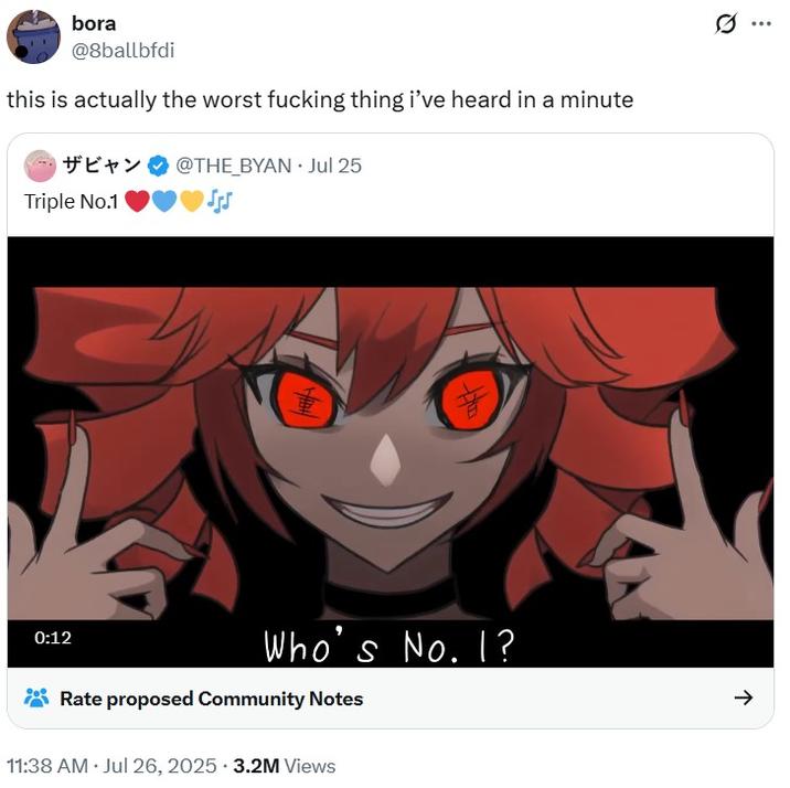 A tweet reading, "this is actually the worst f-ing thing i’ve heard in a minute." The post is about "Triple No.1."
