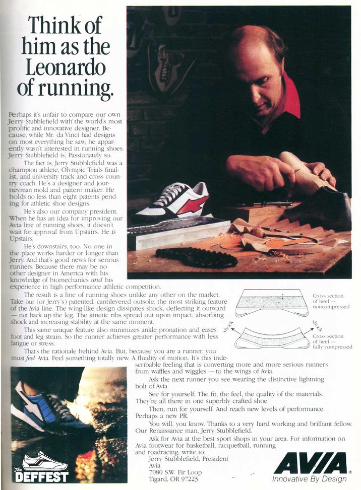 An old magazine advertisement for Avia shoes, showing founder Jerry Stubblefield. 