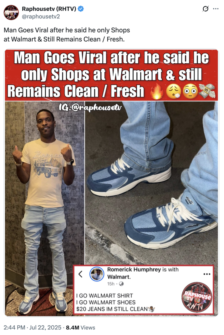 A "tweet":https://knowyourmeme.com/memes/sites/twitter-x from @raphousetv2 about a man wearing Avia Walmart shoes and still looking fresh.