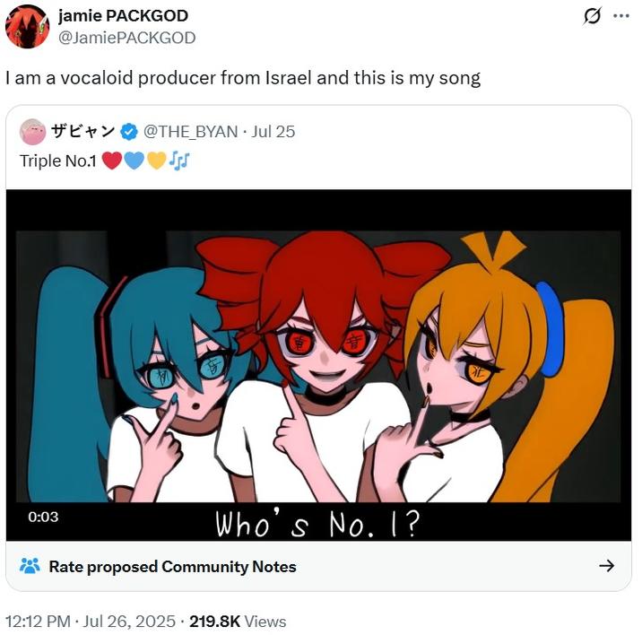 A tweet readiing, "I am a vocaloid producer from Israel and this is my song."