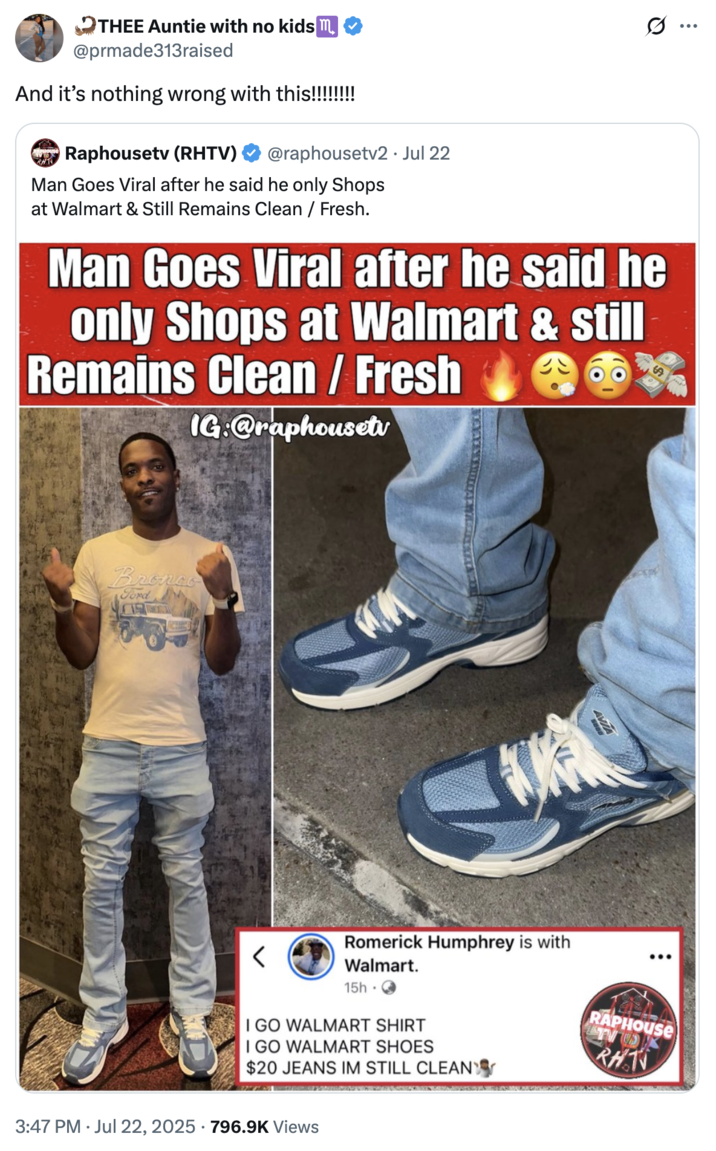 And it’s nothing wrong with this!!!!!!!! A "quote-tweet":https://knowyourmeme.com/memes/quote-retweets-qrts of a "tweet":https://knowyourmeme.com/memes/sites/twitter-x from @raphousetv2 about a man wearing Avia Walmart shoes and still looking fresh.
