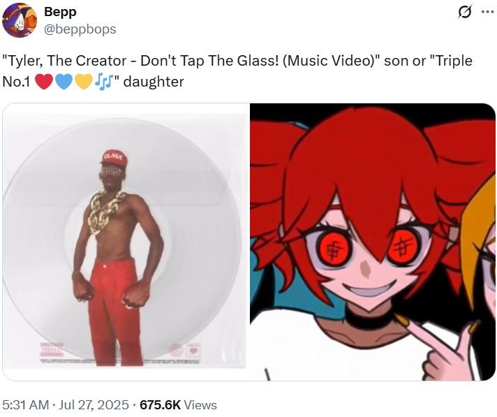 A tweet reading, "Tyler, The Creator - Don't Tap The Glass! (Music Video)" son or "Triple No.1 ❤️💙💛🎶" daughter."