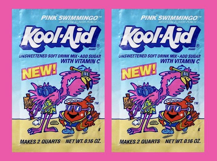 PINK SWIMMINGO PINK SWIMMINGO ARTIFICIAL FLAVOR PUNCH ARTIFICIAL FLAVOR PUNCH Kool-Aid Kool-Aid BRAND UNSWEETENED SOFT DRINK MIX-ADD SUGAR WITH VITAMIN C NEW! R UNSWEETENED SOFT DRINK MIX-ADD SUGAR NEW! WITH VITAMIN C TM TM GUARD GUARD MAKES 2 QUARTS NET WT. 0.16 OZ. MAKES 2 QUARTS NET WT. 0.16 OZ.