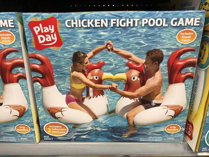 ME Includes Repair Patch REVERSIBLE TING ISLAND Play Day CHICKEN FIGHT POOL GAME Includes Repair Patch INFLATED SIZE Linox 5 nh cmx91 cm x 105 cm) Grip Handles WARNING: AGE Includes Inflatable Chickens ADULT Grip Handles INFLATED SIZE: 56.5 in Lx 36 in D x 41.5 in H (144 cm x 91 cm x 105 cm) WARNING WARNINGS FLOATING ISLAND AGE ADULT