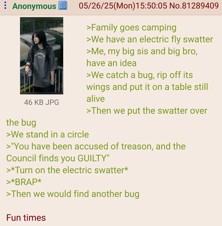 : Anonymous 46 KB JPG the bug 05/26/25(Mon) 15:50:05 No.81289409 >We stand in a circle >Family goes camping >We have an electric fly swatter >Me, my big sis and big bro, have an idea >We catch a bug, rip off its wings and put it on a table still alive >Then we put the swatter over >"You have been accused of treason, and the Council finds you GUILTY" >*Turn on the electric swatter* >*BRAP* >Then we would find another bug Fun times