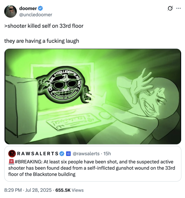 July 28th, 2025 tweet by @Wordsarewordsz X user @Wordsarewordsz highlighted how Blackstone's chairman and CEO Stephen An Schwarzman is Jewish, implying in another tweet that the shooting was a "false flag" incident in order to push for gun control laws.