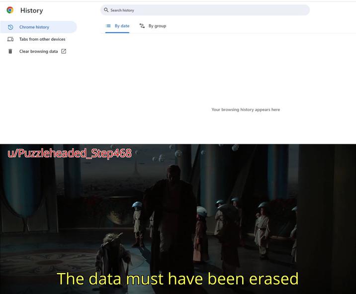 History Chrome history Tabs from other devices Clear browsing data Search history By date 2. By group w/Puzzleheaded_Step468 Your browsing history appears here The data must have been erased