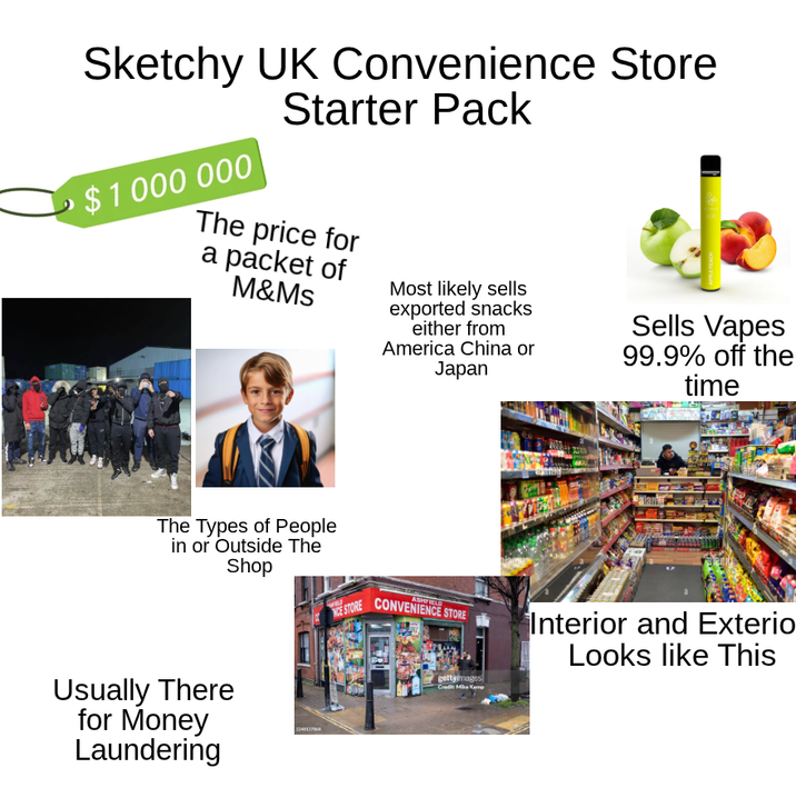 Sketchy UK Convenience Store Starter Pack $ 1 000 000 The price for a packet of M&Ms Most likely sells exported snacks either from America China or Japan Sells Vapes 99.9% off the time The Types of People in or Outside The Shop Usually There for Money Laundering 1348127 ASHFIELD NCE STORE CONVENIENCE STORE gettyimages Credit: Mike Keme Interior and Exterio Looks like This