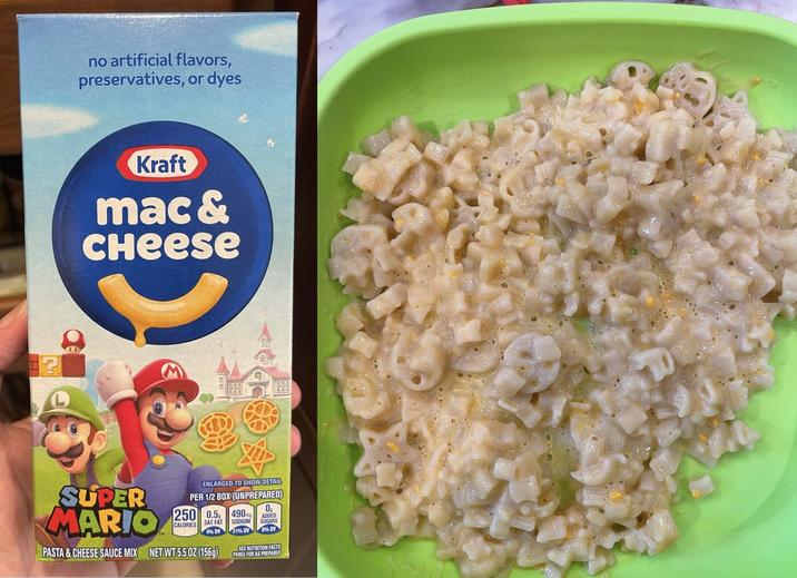 no artificial flavors, preservatives, or dyes Kraft mac & CHeese SUPER ENLARGED TO SHOW DETAIL PER 1/2 BOX (UNPREPARED) 0.5 SAT FAT 490 MARIO 250 A CALORIES 4% DV PASTA & CHEESE SAUCE MIX NET WT 5.5 OZ (156g) SODIUM 21% DV SEE NUTRITION FACTS PANEL FOR AS PREPARED