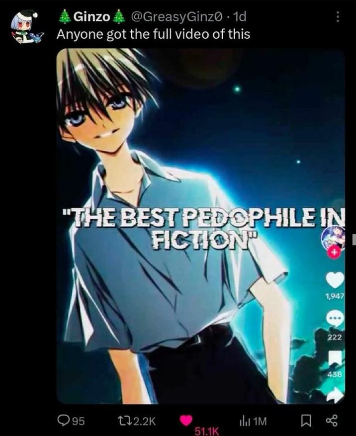 A screenshot of a "tweet":https://knowyourmeme.com/memes/sites/twitter-x asking, "Anyone got the video of this?" concerning the original "Best P-------- in Fiction" "TikTok":https://knowyourmeme.com/memes/sites/tiktok edit about the _Subarashiki Hibi_ character Mamiya Takuji.