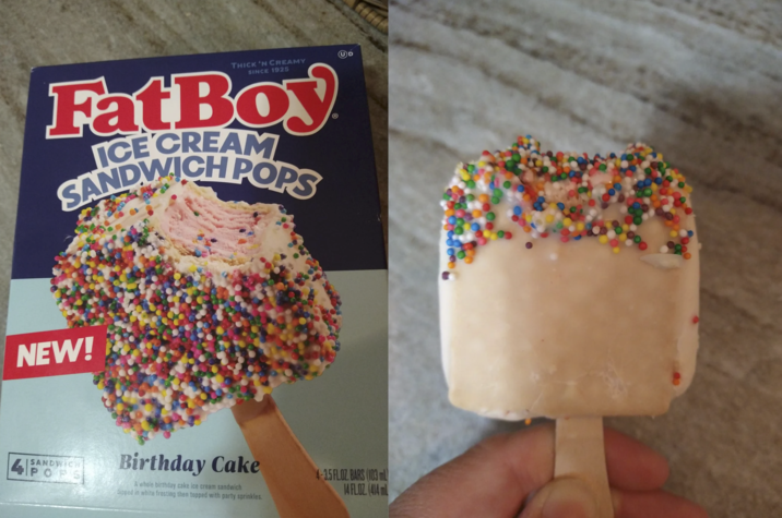 THICK 'N CREAMY SINCE 1925 UD Fat Boy ICE CREAM SANDWICH POPS NEW! | SANDWICH 4PORS Birthday Cake A whole birthday cake ice cream sandwich dipped in white frosting then topped with party sprinkles. 4-3.5 FLOZ. BARS (103 mL) 14 FLOZ (414 ml