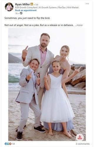 Ryan Miller in 1st 828 Growth Consultant | Al Growth Systems | RevOps | Mid-Market Book an appointment 1h- Sometimes, you just need to flip the bird. Not out of anger. Not as a joke. But as a release or in defiance. ...more CGO 14 3 comments