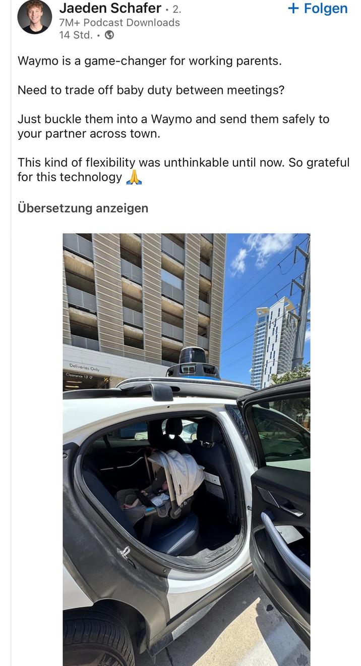 Jaeden Schafer. 2. 7M+ Podcast Downloads 14 Std.. Waymo is a game-changer for working parents. Need to trade off baby duty between meetings? + Folgen Just buckle them into a Waymo and send them safely to your partner across town. This kind of flexibility was unthinkable until now. So grateful for this technology Übersetzung anzeigen Deliveries Only Clearance 130