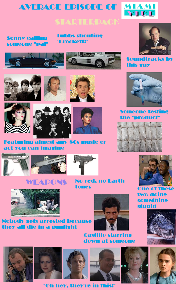 AVERAGE EPISODE OF MIAMI Sonny calling someone "pal" STARTERPACK Tubbs shouting "Crockett:" Featuring almost any 80s music or act you can imagine T Soundtracks by this guy Someone testing the "product" WEAPONS No red, no Earth tones Nobody gets arrested because they all die in a gunfight Castillo starring down at someone "Oh hey, they're in this?" One of these two doing something stupid
