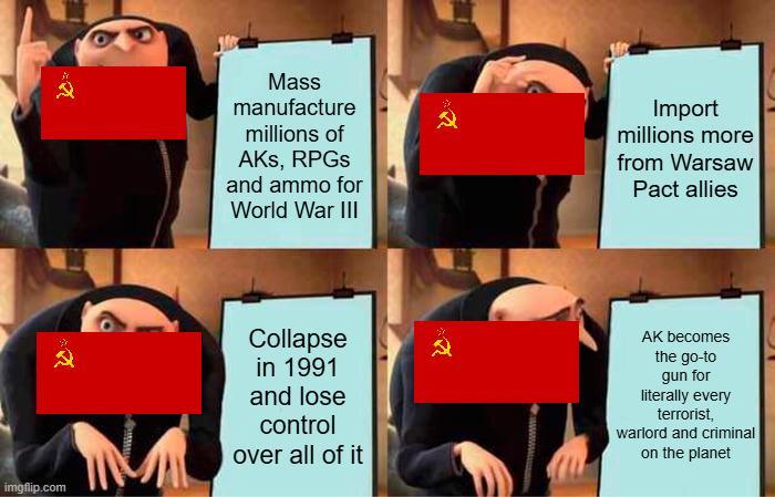 imgflip.com Mass manufacture millions of AKS, RPGs and ammo for World War III Import millions more from Warsaw Pact allies Collapse in 1991 and lose control over all of it AK becomes the go-to gun for literally every terrorist, warlord and criminal on the planet