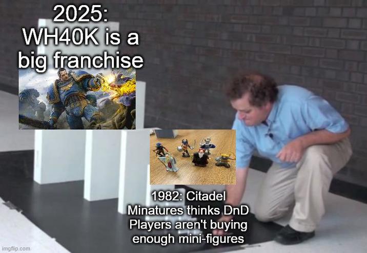 2025: WH40K is a big franchise imgflip.com 1982: Citadel Minatures thinks DnD Players aren't buying enough mini-figures