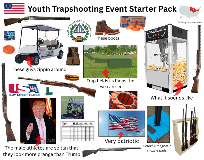 Youth Trapshooting Event Starter Pack TRAPSHOOTING These boots These guys zippin around USAL CLAY TARGET LEAGUE Trap fields as far as the eye can see TRAP USA Probably here somewhere What it sounds like fineart america The male athletes are so tan that they look more orange than Trump Very patriotic Colorful magnetic muzzle pads
